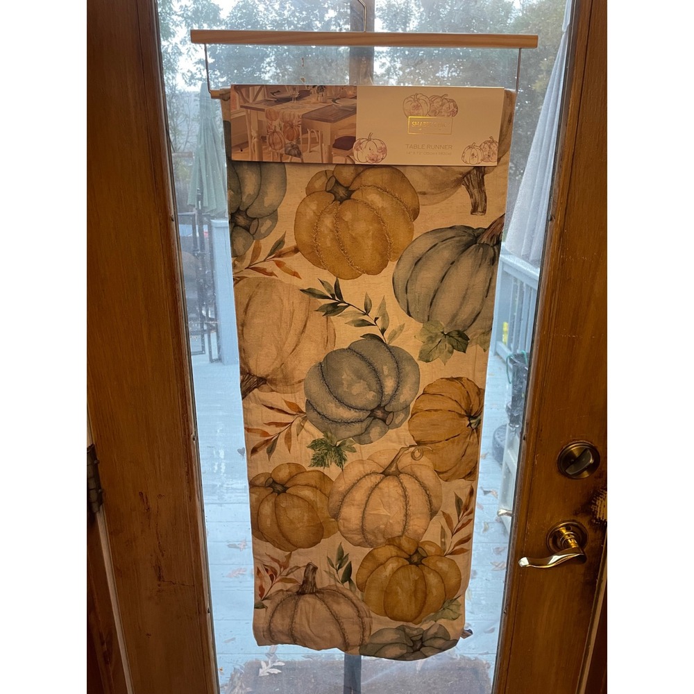 Shabby Chic Table Runner 14" x 72" Beige Blue Pumpkin Fall Harvest‎ Decor